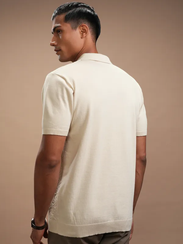 Highlander Men Beige Self Design Polo Collar Regular Fit T-Shirt