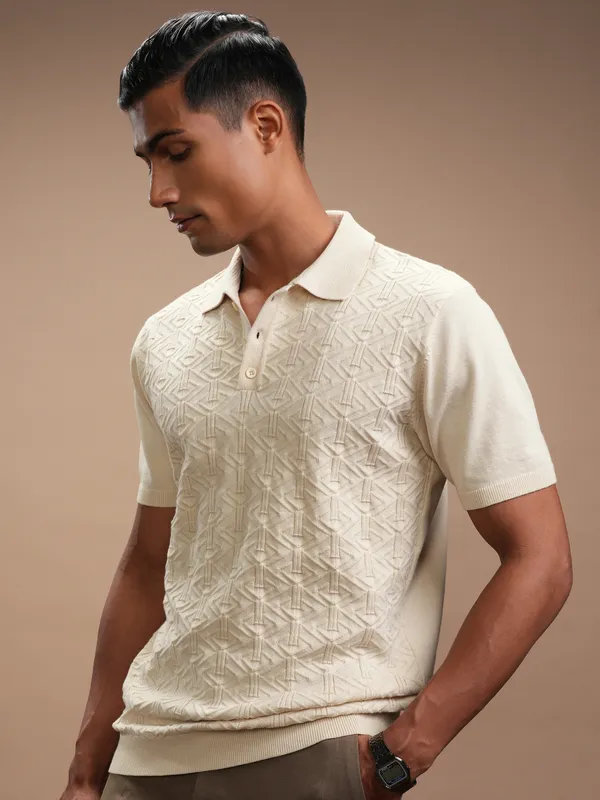 Highlander Men Beige Self Design Polo Collar Regular Fit T-Shirt