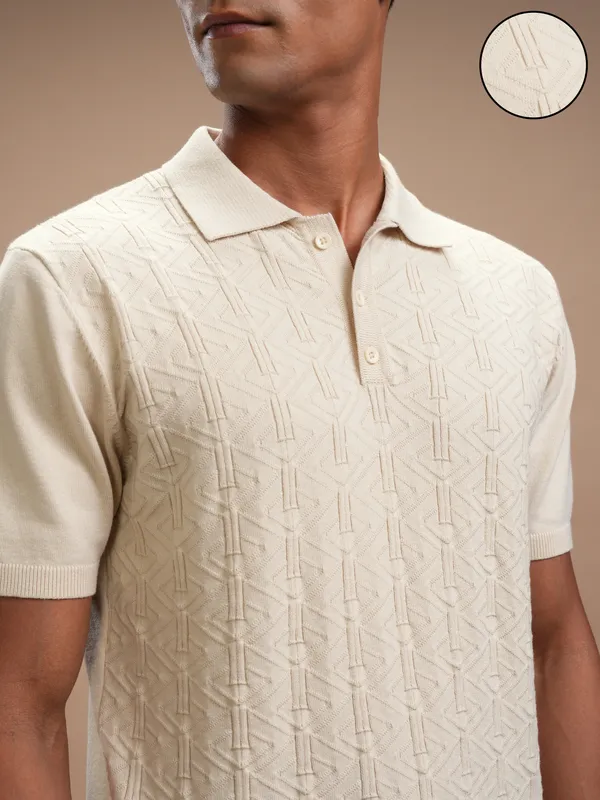 Highlander Men Beige Self Design Polo Collar Regular Fit T-Shirt