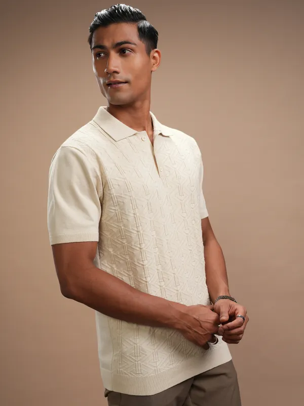 Highlander Men Beige Self Design Polo Collar Regular Fit T-Shirt