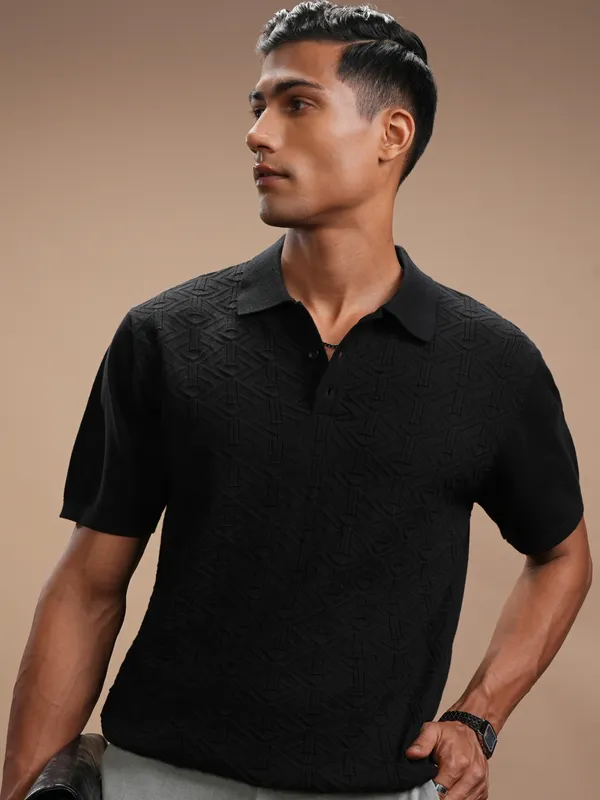 Highlander Men Black Self Design Polo Collar Regular Fit T-Shirt