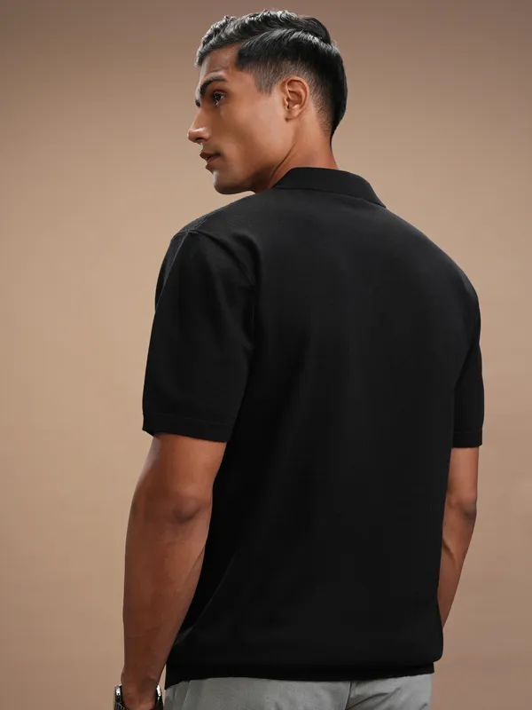 Highlander Men Black Self Design Polo Collar Regular Fit T-Shirt
