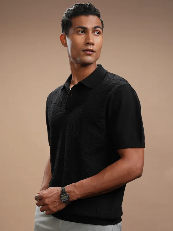 Highlander Men Black Self Design Polo Collar Regular Fit T-Shirt