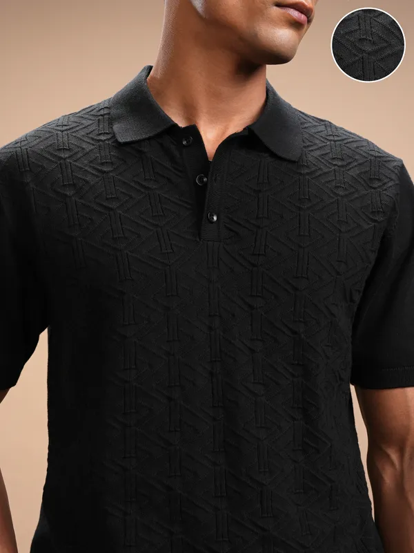 Highlander Men Black Self Design Polo Collar Regular Fit T-Shirt