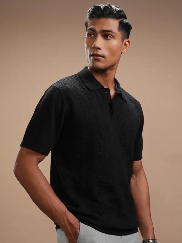 Highlander Men Black Self Design Polo Collar Regular Fit T-Shirt