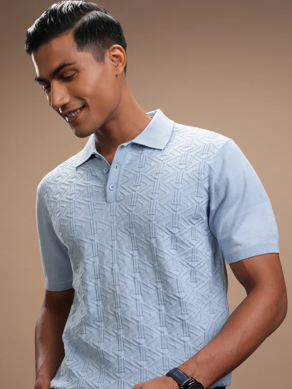 Highlander Men Blue Self Design Polo Collar Regular Fit T-Shirt
