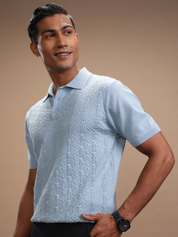 Highlander Men Blue Self Design Polo Collar Regular Fit T-Shirt