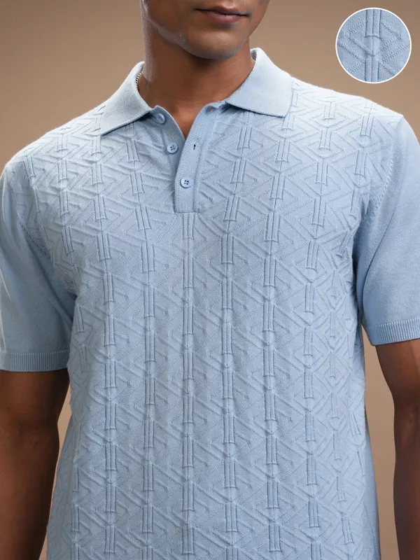 Highlander Men Blue Self Design Polo Collar Regular Fit T-Shirt