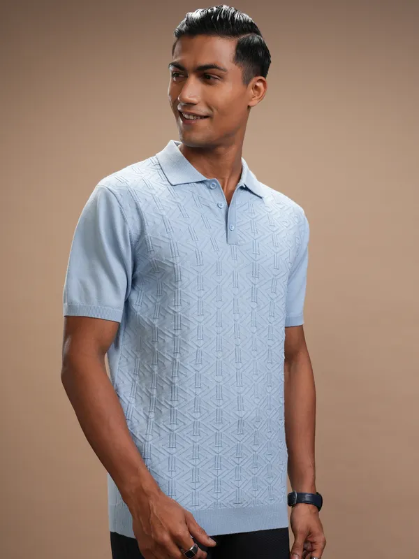 Highlander Men Blue Self Design Polo Collar Regular Fit T-Shirt