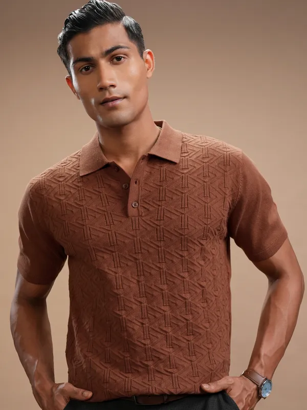 Highlander Men Brown Self Design Polo Collar Regular Fit T-Shirt