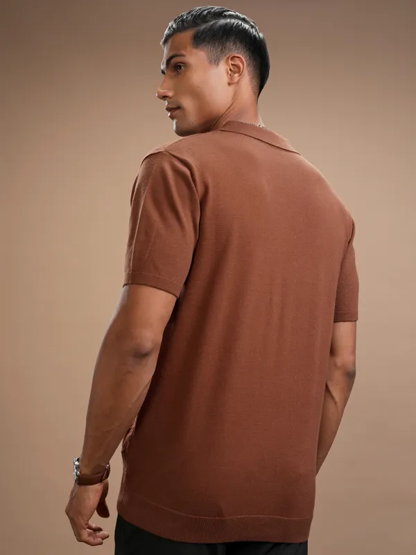 Highlander Men Brown Self Design Polo Collar Regular Fit T-Shirt