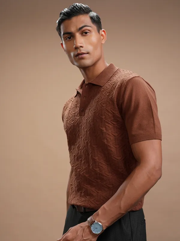 Highlander Men Brown Self Design Polo Collar Regular Fit T-Shirt