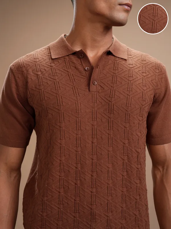 Highlander Men Brown Self Design Polo Collar Regular Fit T-Shirt