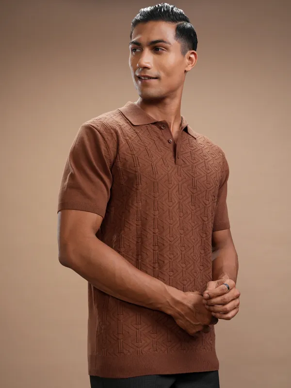 Highlander Men Brown Self Design Polo Collar Regular Fit T-Shirt
