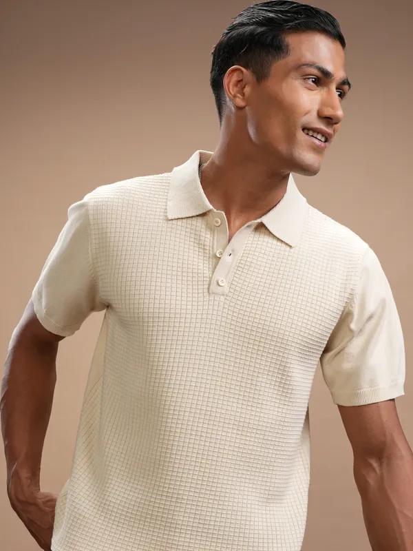 Highlander Men Beige Self Design Polo Collar Regular Fit T-Shirt