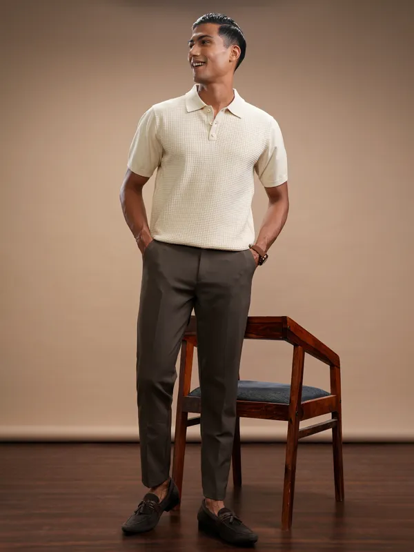 Highlander Men Beige Self Design Polo Collar Regular Fit T-Shirt