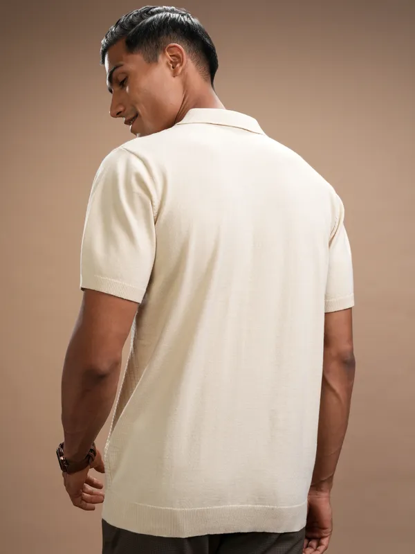 Highlander Men Beige Self Design Polo Collar Regular Fit T-Shirt