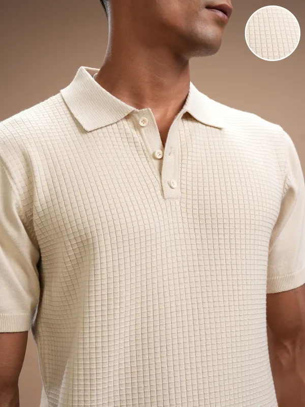 Highlander Men Beige Self Design Polo Collar Regular Fit T-Shirt