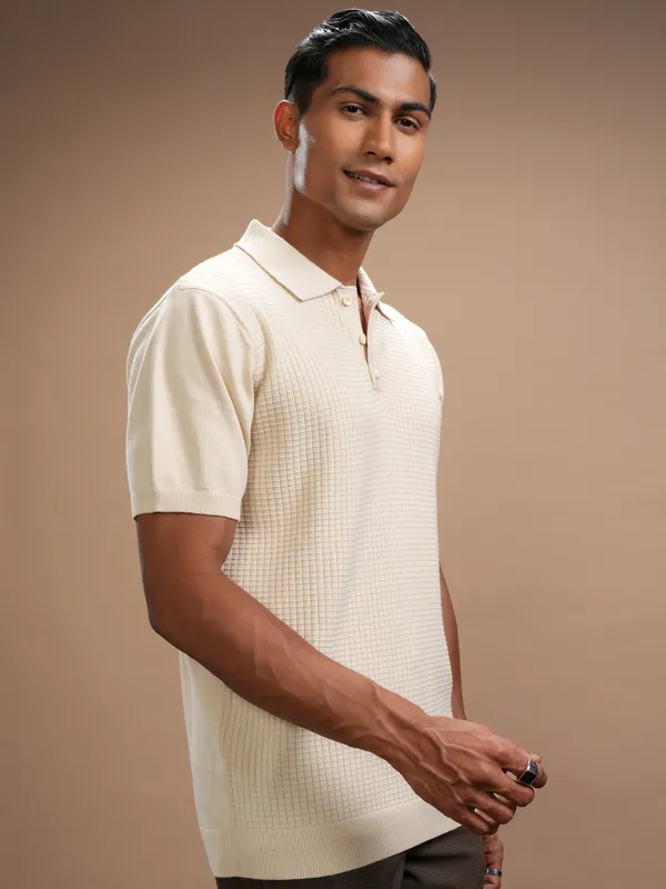Highlander Men Beige Self Design Polo Collar Regular Fit T-Shirt