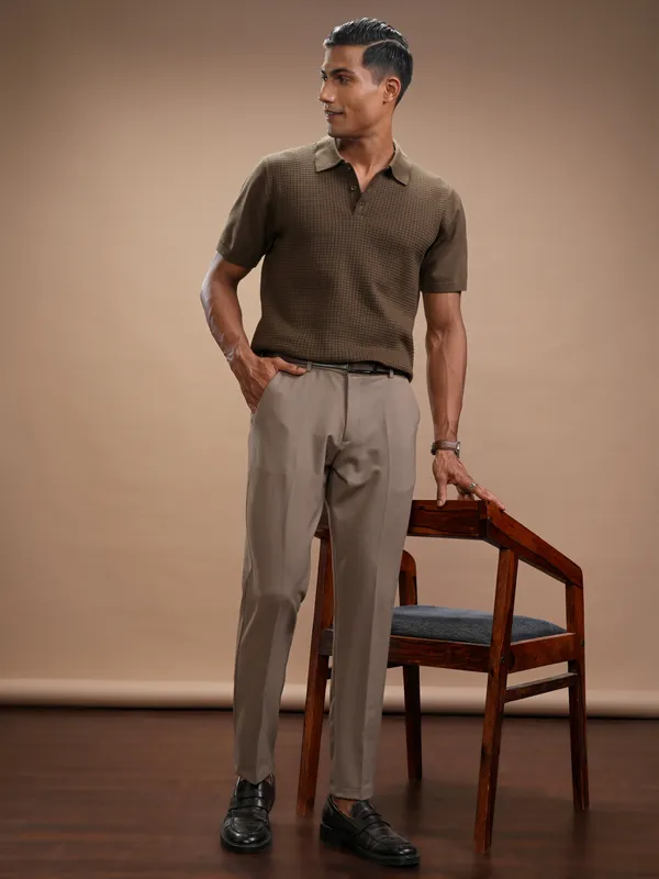 Highlander Men Brown Self Design Polo Collar Regular Fit T-Shirt