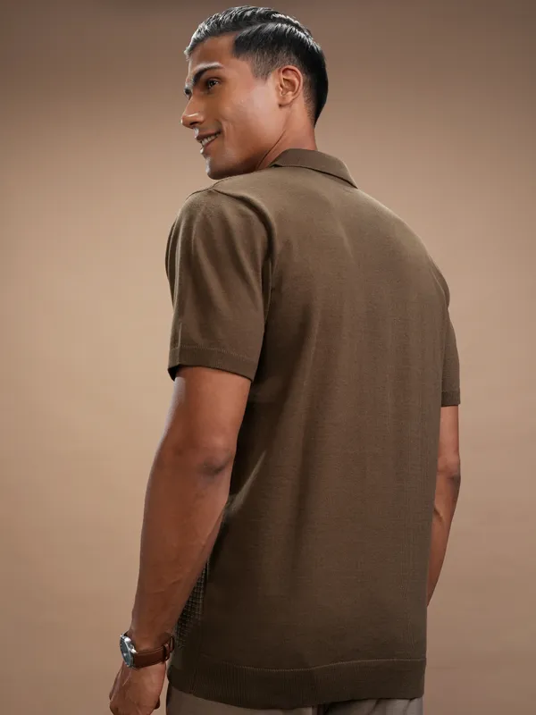 Highlander Men Brown Self Design Polo Collar Regular Fit T-Shirt