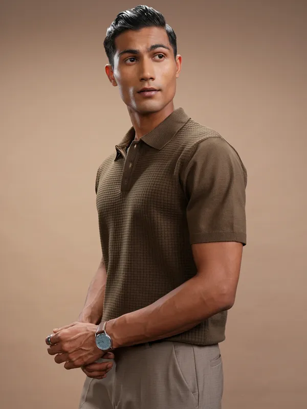 Highlander Men Brown Self Design Polo Collar Regular Fit T-Shirt