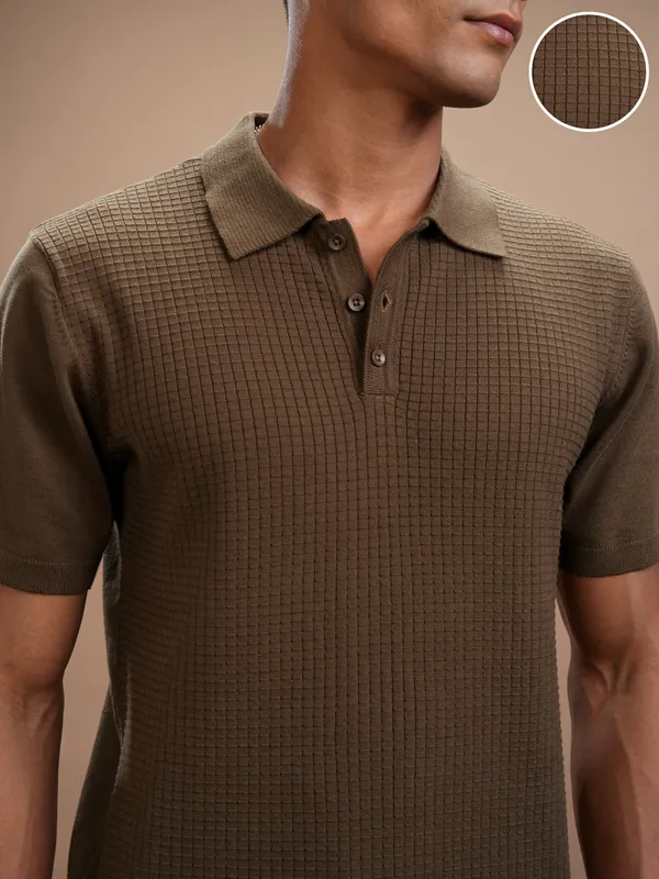 Highlander Men Brown Self Design Polo Collar Regular Fit T-Shirt