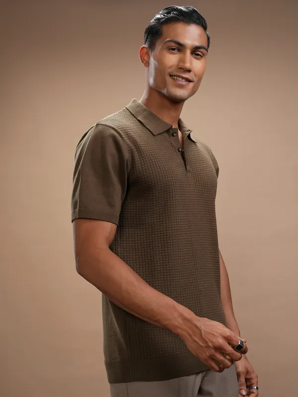 Highlander Men Brown Self Design Polo Collar Regular Fit T-Shirt