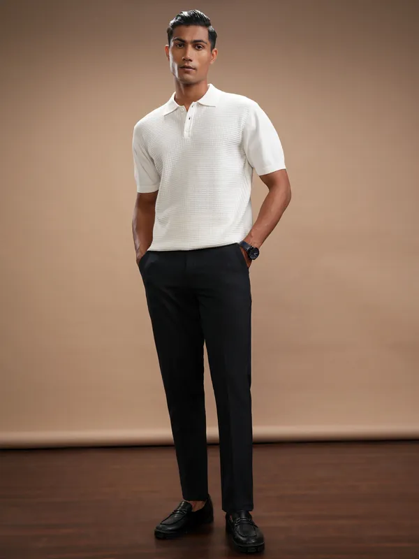 Highlander Men White Self Design Polo Collar Regular Fit T-Shirt