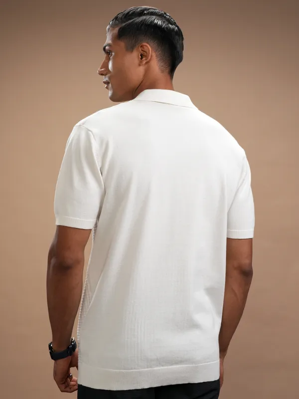 Highlander Men White Self Design Polo Collar Regular Fit T-Shirt