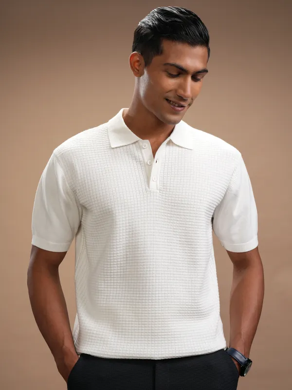 Highlander Men White Self Design Polo Collar Regular Fit T-Shirt
