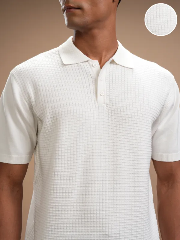 Highlander Men White Self Design Polo Collar Regular Fit T-Shirt