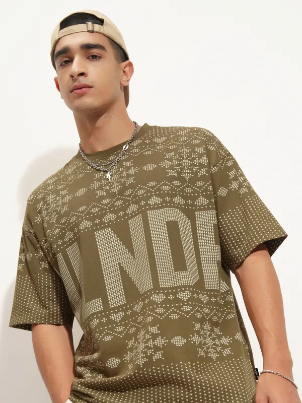 Highlander Men Olive Printed Round Neck Oversized Fit T-Shirt