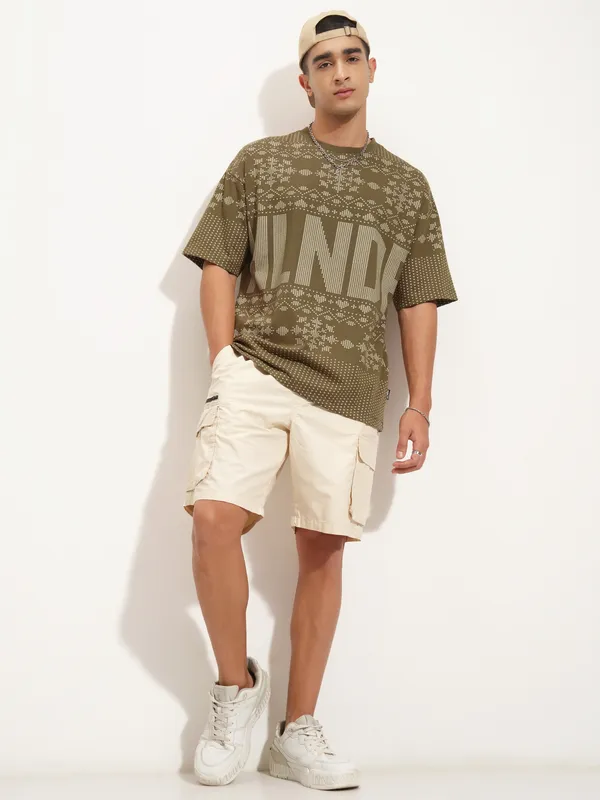 Highlander Men Olive Printed Round Neck Oversized Fit T-Shirt