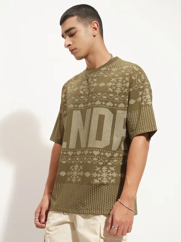 Highlander Men Olive Printed Round Neck Oversized Fit T-Shirt