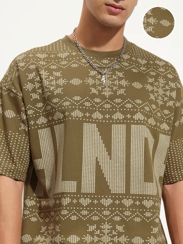Highlander Men Olive Printed Round Neck Oversized Fit T-Shirt