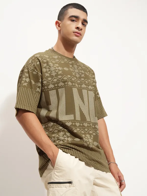 Highlander Men Olive Printed Round Neck Oversized Fit T-Shirt