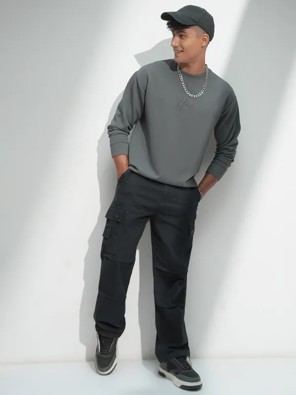Highlander Men Grey Self Design Round Neck Relaxed Fit T-Shirt