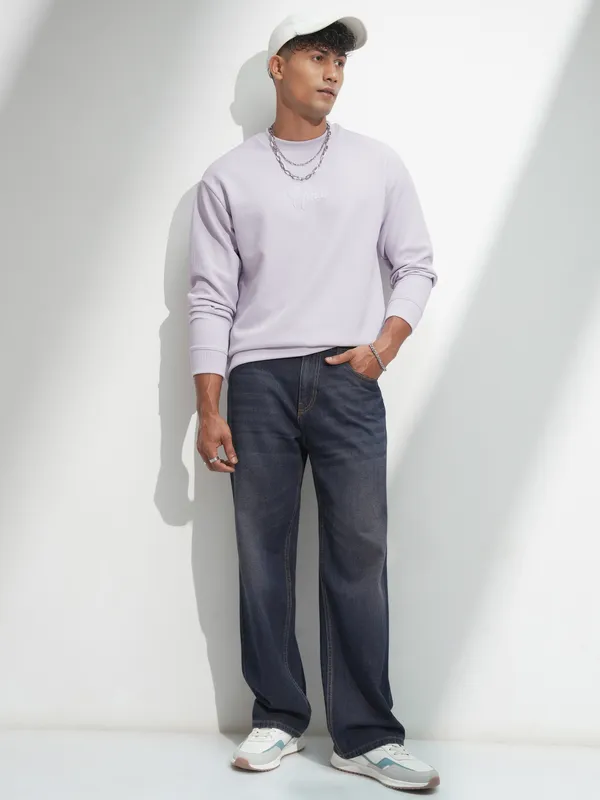 Highlander Men Mauve Self Design Round Neck Relaxed Fit T-Shirt