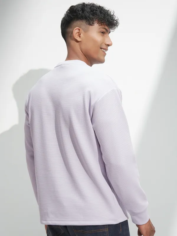 Highlander Men Mauve Self Design Round Neck Relaxed Fit T-Shirt
