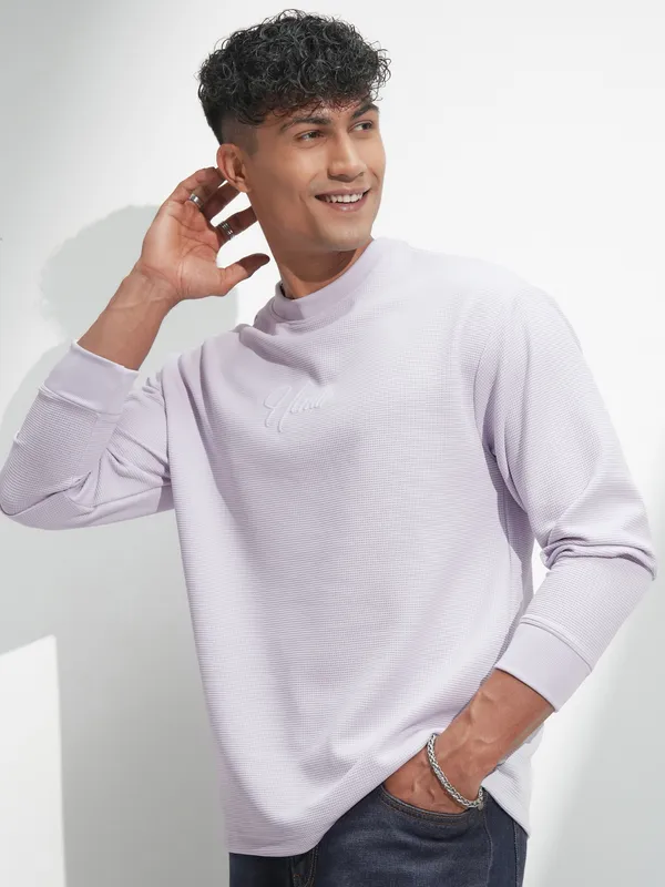 Highlander Men Mauve Self Design Round Neck Relaxed Fit T-Shirt