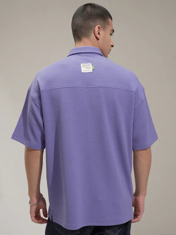 Highlander Men Purple Self Design Polo Collar T-Shirt
