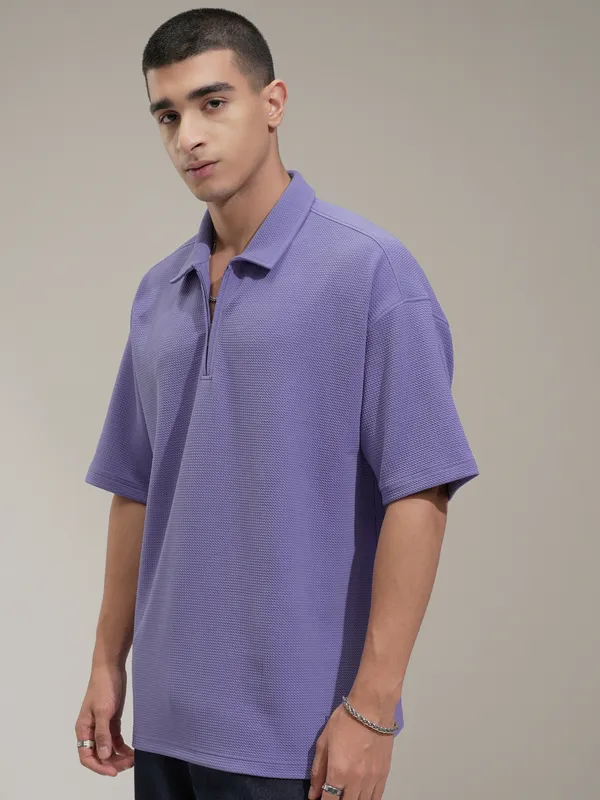 Highlander Men Purple Self Design Polo Collar T-Shirt