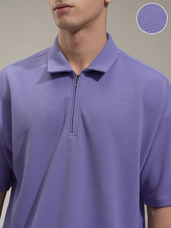 Highlander Men Purple Self Design Polo Collar T-Shirt