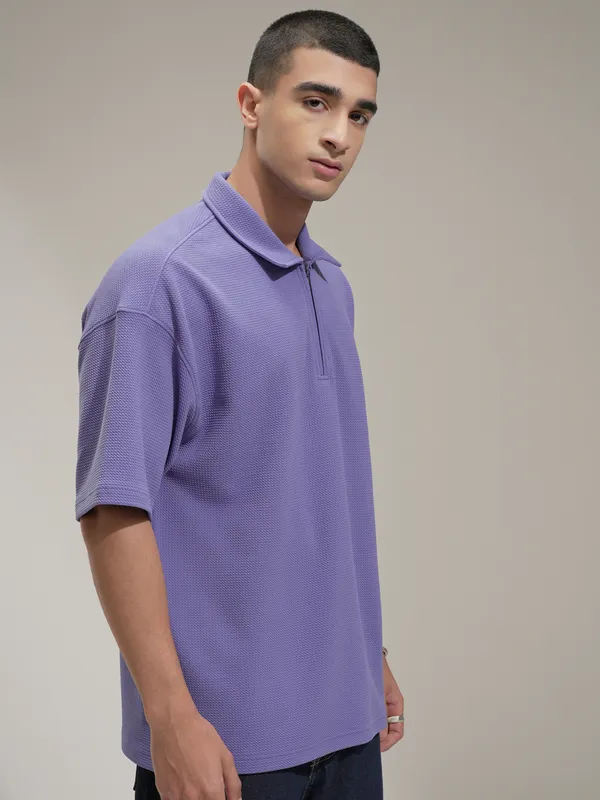 Highlander Men Purple Self Design Polo Collar T-Shirt