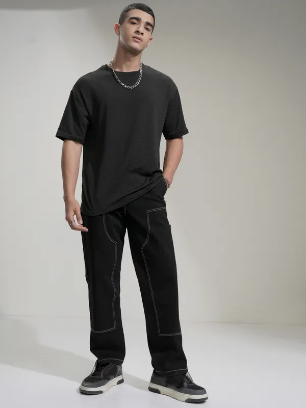 Highlander Men Black Self Design Round Neck Relaxed Fit T-Shirt