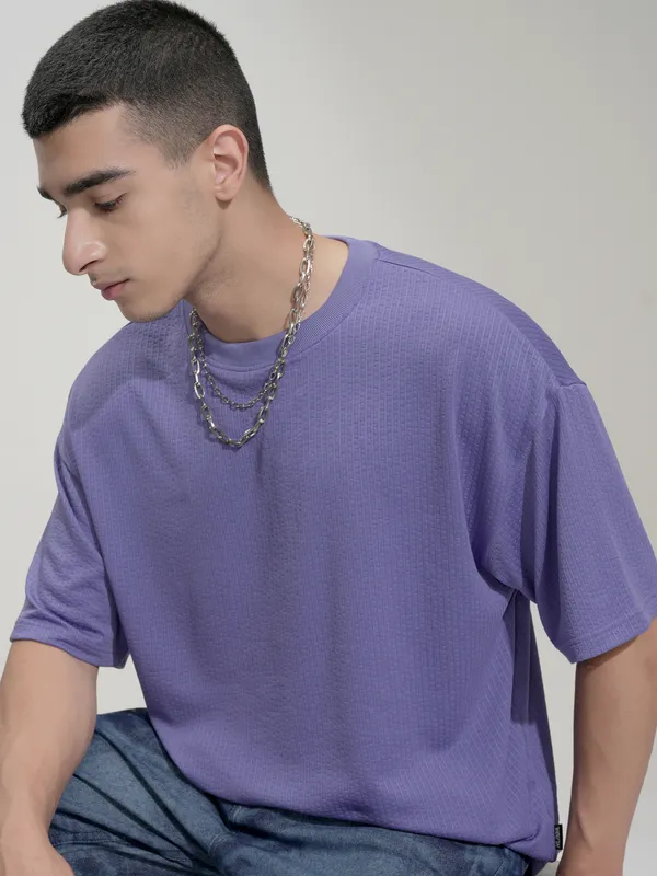 Highlander Men Purple Self Design Round Neck Oversized Fit T-Shirt