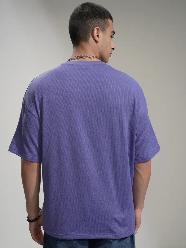 Highlander Men Purple Self Design Round Neck Oversized Fit T-Shirt