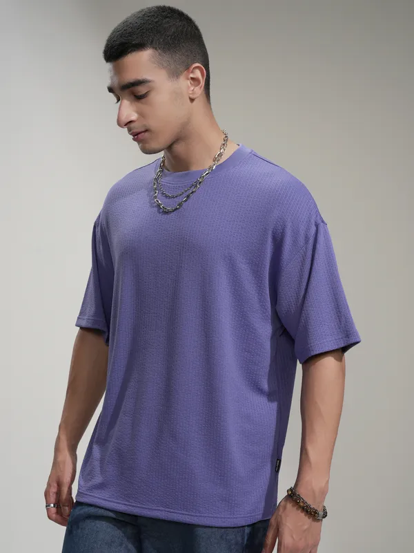 Highlander Men Purple Self Design Round Neck Oversized Fit T-Shirt