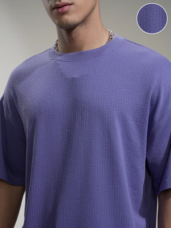 Highlander Men Purple Self Design Round Neck Oversized Fit T-Shirt